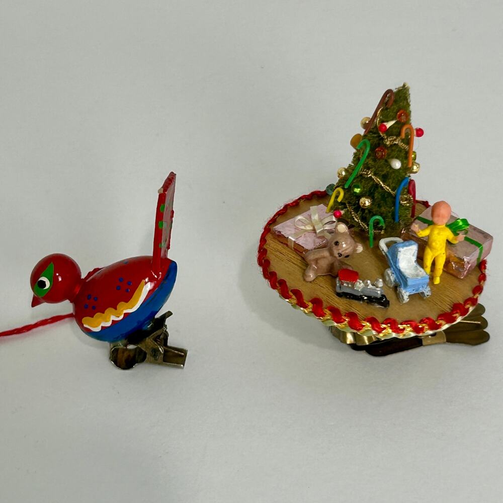 2 Vintage Clip-On Christmas Ornaments Mini Diorama Tree & Taiwan Painted Bird